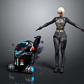 Futuristic Game Character With Blonde Short Hair Black Tight Outfit And Neon Lighted Vehicle