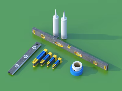 Essential Hardware Tools Set Including Spirit Level Glue Bottles Connectors And Tape 3d model