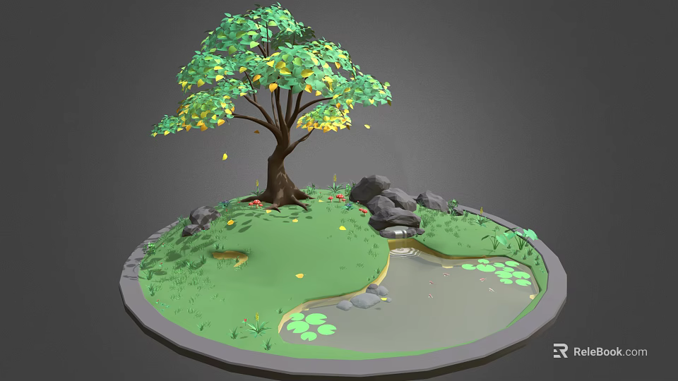 Cartoon Scene With Green Tree Yellow Leaves Grass Rocks Small Pond And Lily Pads 3d model 