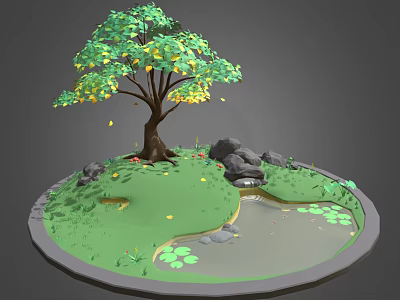 Cartoon Scene With Green Tree Yellow Leaves Grass Rocks Small Pond And Lily Pads 3d model