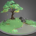 Cartoon Scene With Green Tree Yellow Leaves Grass Rocks Small Pond And Lily Pads