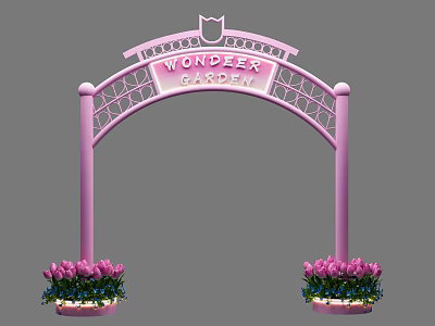 Pink Event Entrance Arch with Wonder Garden Sign Crown Decoration and Tulip Bouquets on Sides 3d model