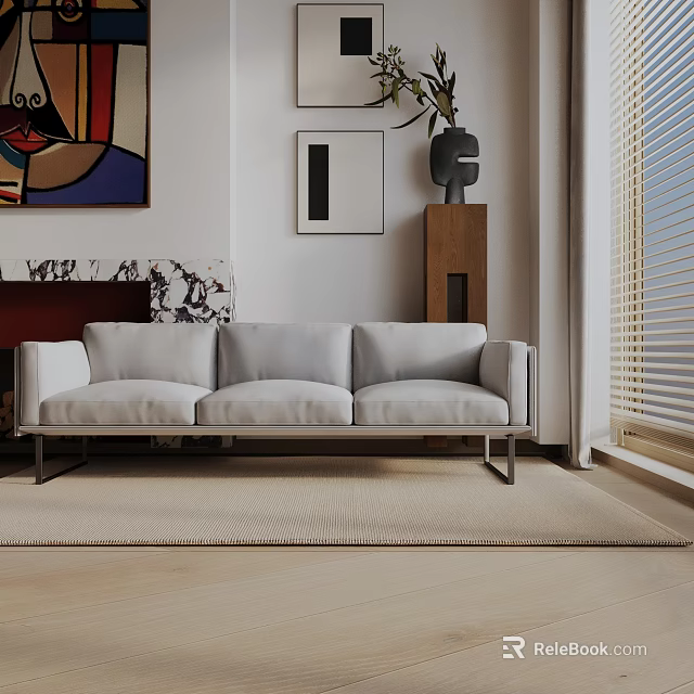 Light Gray Three Seater Sofa in Modern Living Room with Wooden Cabinet Artwork and Blinds 3d model 