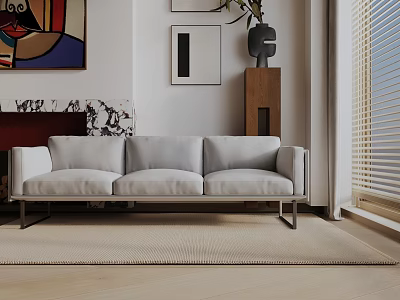 Light Gray Three Seater Sofa in Modern Living Room with Wooden Cabinet Artwork and Blinds 3d model