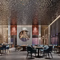 Elegant Modern Restaurant Interior With Blue Chairs Chandeliers Bar Counter And Large Windows