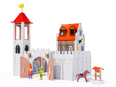 Building Blocks Castle Construction Set with Red Roof Tower Toy Figures Horse and Playful Design 3d model