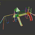 Colorful Playground Structure With Pink Frame Green Roof Yellow Orange Slides And Swings
