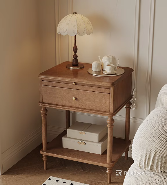 Wooden Bedside Table With Table Lamp Teacups Saucers And Storage Boxes 3d model 