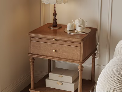 Wooden Bedside Table With Table Lamp Teacups Saucers And Storage Boxes 3d model