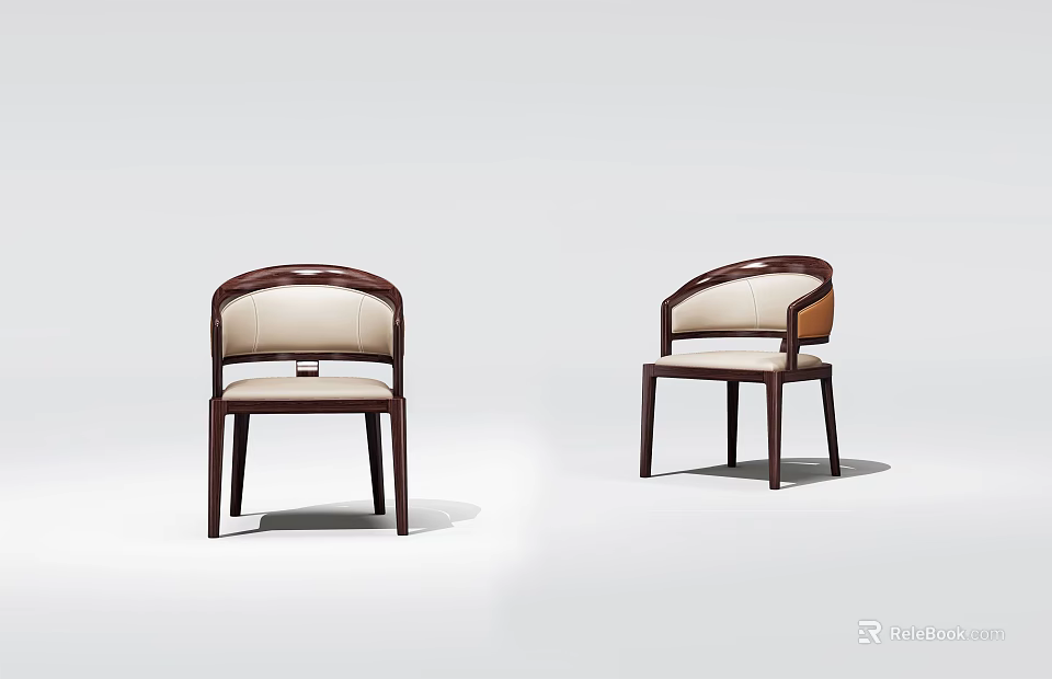 Set of Two Modern Minimalist Dining Chairs With Dark Wooden Frame And Light Cushion 3d model 