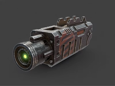 Futuristic Mechanical Device With Metal Structure And Green Glowing Lens Design 3d model
