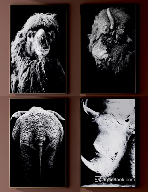 Set of Four Black and White Animal Paintings With Detailed Wildlife Portraits 3d model 