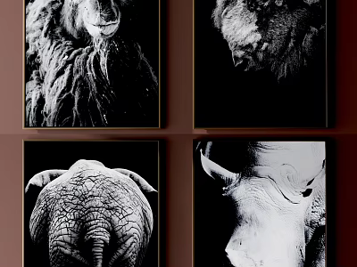 Set of Four Black and White Animal Paintings With Detailed Wildlife Portraits 3d model