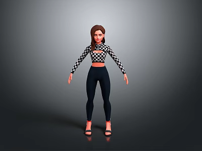 3D Female Character Model Standing Pose With Checkered Crop Top Dark Pants And Sandals 3d model