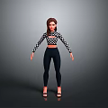 3D Female Character Model Standing Pose With Checkered Crop Top Dark Pants And Sandals
