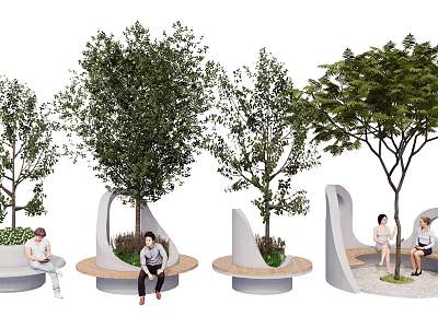 Tree Pit Design With Seating Benches And Green Trees In Urban Public Space 3d model