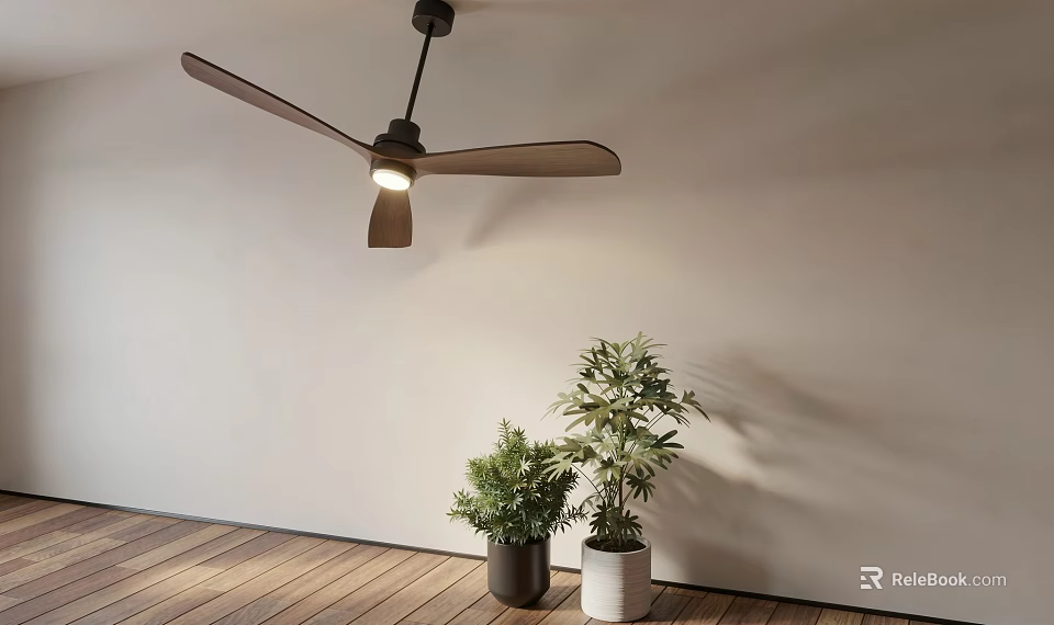 Modern Ceiling Fan Light Fixture With Wooden Floor And Green Plants 3d model 