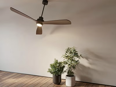 Modern Ceiling Fan Light Fixture With Wooden Floor And Green Plants 3d model