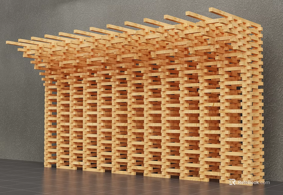 Modern Layered Wooden Structure With Stacked Geometric Beams Art Design 3d model 