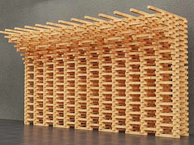 Modern Layered Wooden Structure With Stacked Geometric Beams Art Design 3d model