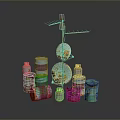 Rusty Industrial Scene With Colorful Oil Drums Crane Structure And Metal Discs