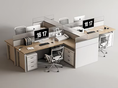 Modern Partitioned Office Desks With Workstations Mac Computers Chairs Drawers And Numbers 16 17 3d model