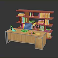 Wooden Office Desk With Laptop Papers And Multi tiered Bookshelf Full Of Colored Books