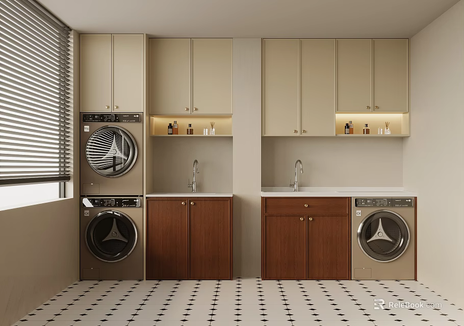 Modern Laundry Room With Two Washing Machines Cabinets Sink And Window Blinds 3d model 
