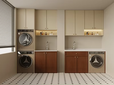 Modern Laundry Room With Two Washing Machines Cabinets Sink And Window Blinds 3d model
