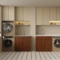 Modern Laundry Room With Two Washing Machines Cabinets Sink And Window Blinds