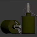 Two Green Cylindrical Military Grenades With Fuse Pull Ring And Side Label