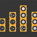 Multiple Yellow Traffic Lights With Black Lenses In Various Sizes On