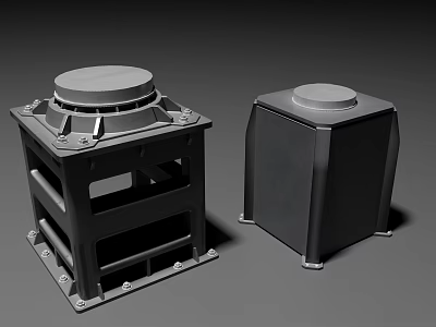 Two Black Square Industrial Equipment with Round Top Covers and Metal Base Structures 3d model