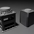 Two Black Square Industrial Equipment with Round Top Covers and Metal Base Structures