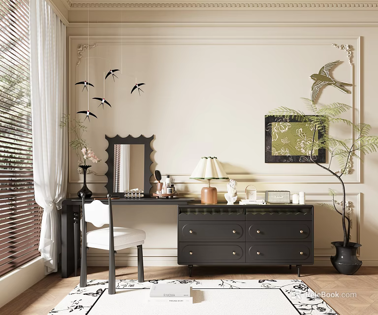 Elegant Black Dresser With Mirror Table Lamp Chair Wall Art Potted Plant Curtains And Rug 3d model 