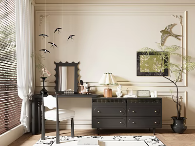 Elegant Black Dresser With Mirror Table Lamp Chair Wall Art Potted Plant Curtains And Rug 3d model