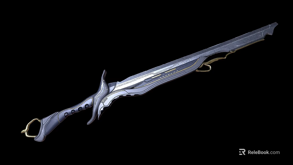Ornate Fantasy Sword With Silver Blade Golden Accents And Elaborate Hilt Design 3d model 