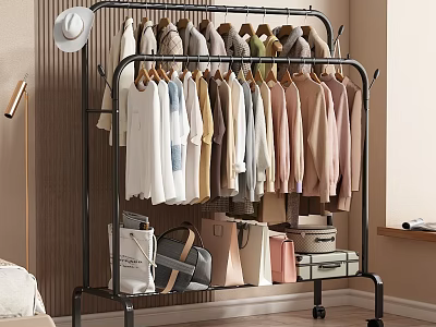 Various Colorful Clothes Hanging On Metal Clothes Rack With Bags And Suitcases In Bedroom Corner 3d model