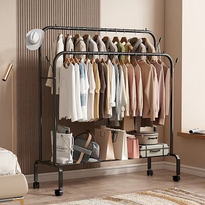 Various Colorful Clothes Hanging On Metal Clothes Rack With Bags And Suitcases In Bedroom Corner 3d model