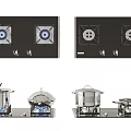 Modern Kitchen Cabinets With Double Burner Gas Stoves And Cooking Pots