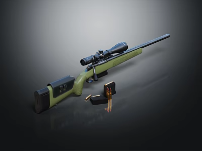 Green and Black Sniper Rifle with Scope and Bullets Near Magazine on Dark Background 3d model