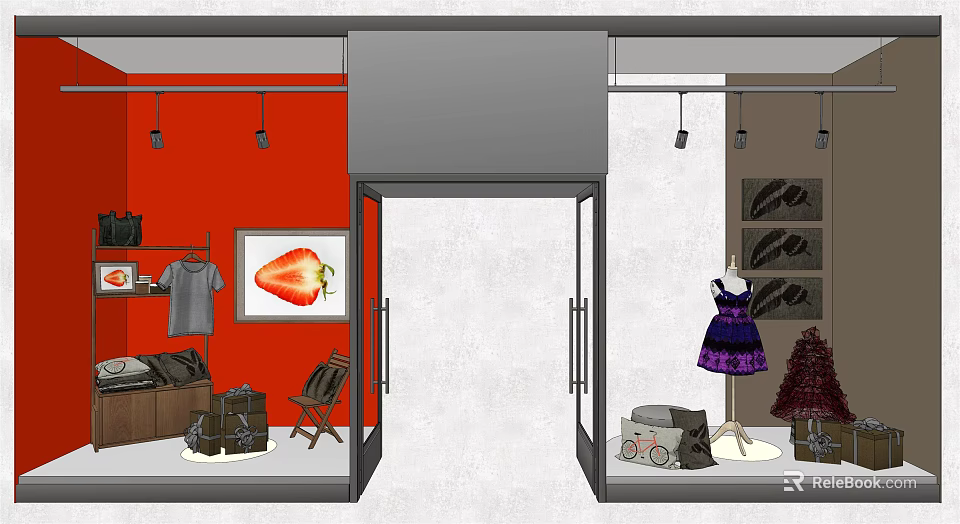 Fashion Store Window Display With Red Background Strawberry Painting Clothing And Accessories 3d model 