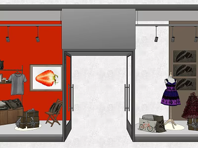 Fashion Store Window Display With Red Background Strawberry Painting Clothing And Accessories 3d model