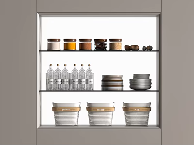 Kitchen Cabinet Storage With Various Colored Spice Jars Transparent Bottles Plates And Lidded Containers 3d model