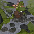 Serene Courtyard Garden With Black Rocks Moss Covered Ground Wooden Chair And Bamboo Plants