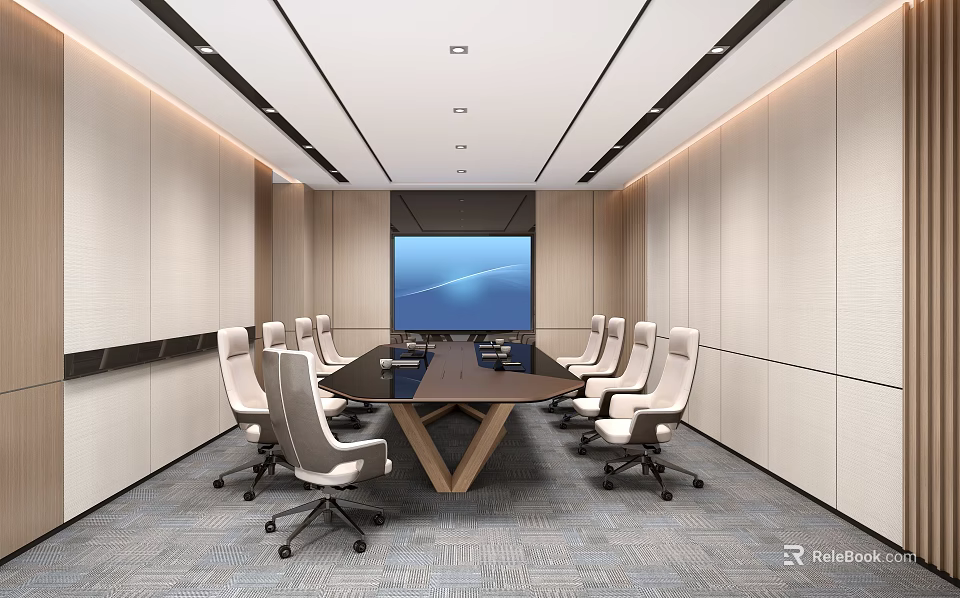 Modern Conference Room with Long Table White Office Chairs and Large Screen in Contemporary Design 3d model 