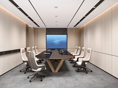 Modern Conference Room with Long Table White Office Chairs and Large Screen in Contemporary Design 3d model