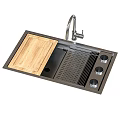 Modern Stainless Steel Kitchen Sink With Wooden Cutting Board And Faucet Design