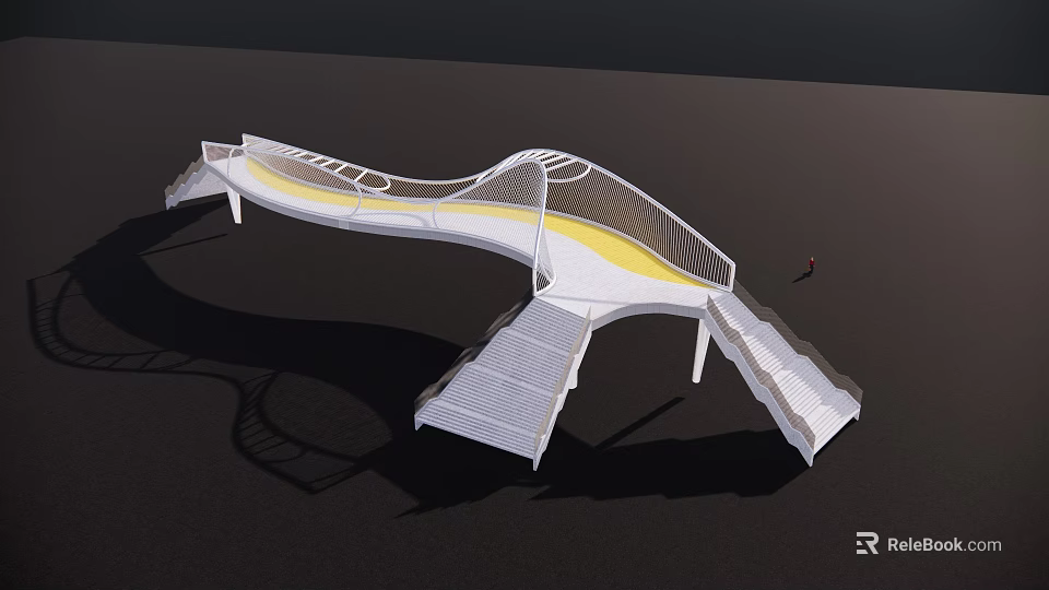 Unique Modern Curved Bridge With White Structure Yellow Pathway And Stairs 3d model 