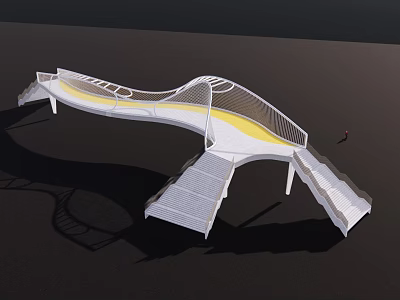 Unique Modern Curved Bridge With White Structure Yellow Pathway And Stairs 3d model
